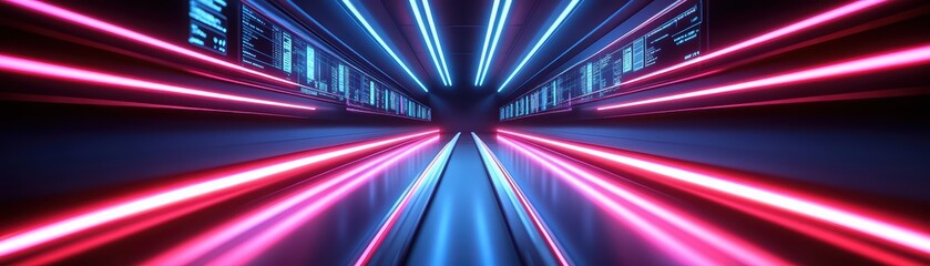 Poster - Futuristic Digital Corridor with Neon Lights and Data Screens Glowing in Technology Inspired Environment
