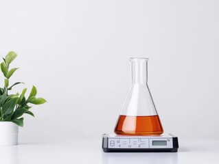 Poster - laboratory scene with flask containing orange liquid on electronic scale next to green plant in whit