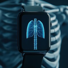 Poster - Smartwatch Displaying Lungs in Human Skeleton Visualization Against Dark Background