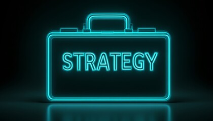 Aufkleber - Neon Glowing Briefcase with Strategy Text, Finance and Management Concept on Dark Background