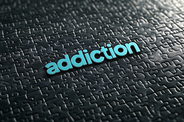 Poster - Cyan word addiction on dark puzzle background, symbolizing struggle, challenge, and complexity of overcoming addiction