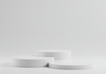Poster - Minimalist display: three white round podiums arranged in a staggered formation against a white background
