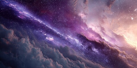 Wall Mural - view of the night sky filled with a cosmic stretch of stars, purple and pink nebulae, and luminous c