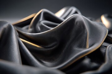 Poster - Abstract draped black satin fabric background with soft golden highlights, creating smooth waves and folds, showcasing luxurious texture and elegant design.