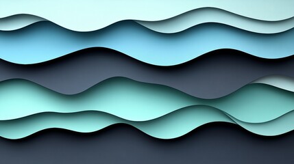 Poster - Abstract Fluid Art Waves. Dynamic 3D Illustration Featuring Layered Paper in Cool Serene Tones.