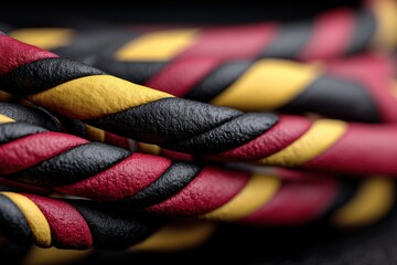 Poster - A close-up macro shot of interwoven ropes in vibrant colors of yellow, red, and black, creating a striking and textured abstract pattern, on a dark background.