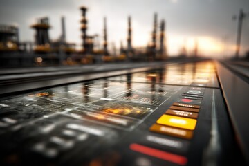 Poster - Close-up of an industrial control panel displaying complex data visualizations with a blurred refinery in the background, creating a sense of advanced technology and operations.