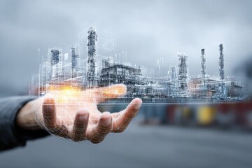Poster - An industrial city infrastructure design held in a hand, futuristic vision, complex buildings and power plants, innovative project and development in engineering, new technology.