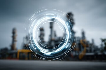Poster - A complex futuristic digital interface overlaid on an industrial landscape, creating a juxtaposition of technology and heavy industry, with advanced processing systems