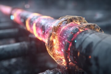 Poster - a futuristic pipeline with glowing internal circuits and a digital wireframe overlay, showcasing adv