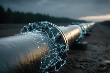 Poster - An industrial pipeline with connection lines, symbolizing a digital network or energy flow, showcasing modern infrastructure, and technological advancement in a slightly blurred landscape.