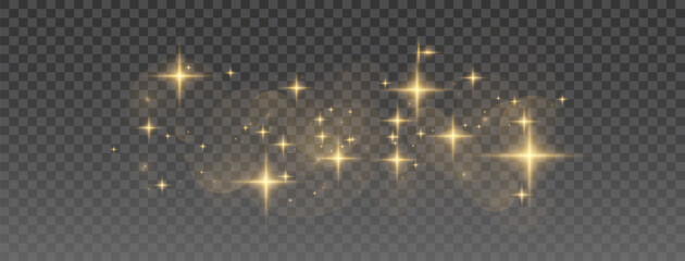 Wall Mural - Sparkling golden bokeh lights and glitter dust on black background, magical abstract texture with flare and shine, festive confetti-style light effect for celebration illustrations