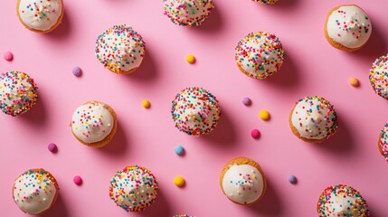 Fototapete - Colorful sprinkled cake pops on pink background