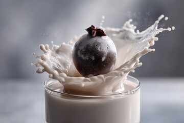 Poster - A dramatic shot of a chocolate ball with anise falling into a glass of milk, creating dynamic splashes, a sweet treat with culinary flair and modern appeal.