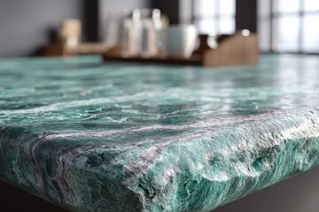Poster - Close-up of a modern kitchen countertop made of green marble, featuring natural patterns, and textured edge detail, creating a luxury and unique design element.