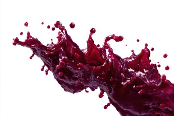 Poster - A vibrant and dynamic splash of dark red juice frozen in time, with droplets suspended in mid-air against a pristine white background, showcasing the juice's rich texture.