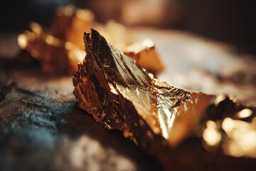 Poster - A close-up shot of textured golden foil, displaying shimmering, reflective details and capturing a sense of luxurious elegance, emphasizing the material's rich and vibrant hue.