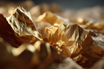 Poster - Close-up of wrinkled golden metallic material creating a textured, abstract landscape, featuring deep shadows and bright highlights, with dramatic depth of field.