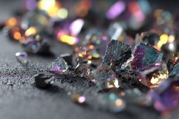 Poster - Macro photograph showcasing a collection of colorful crystals on a textured gray surface, with abstract bokeh lights adding depth and vibrancy, close-up view.