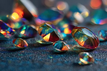 Poster - A dazzling array of iridescent gems scattered across a textured surface, reflecting light and color, creating a mesmerizing effect with vibrant hues and shimmering highlights.