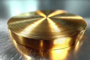 Poster - A close-up shot showcasing a golden circular disc with intricate, radiating line patterns, highlighting its smooth, reflective surface and metallic texture in sharp detail.