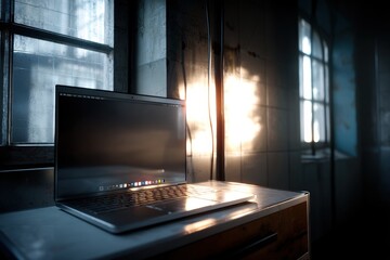 Aufkleber - A laptop sits on a counter in a dimly lit room, sunlight streaming through the windows and reflecting off of its screen, offering a scene of modern workspace.