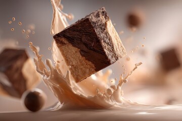 Poster - A delicious chocolate cube splashing into a pool of creamy milk, with a focus on the textures and dynamic movement, creating a mouthwatering scene.
