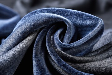 Poster - Close-up shot of elegant, folded blue velvet fabric with silver undertones, creating a luxurious and textured swirl pattern, ideal for backgrounds.