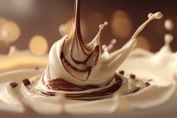 Poster - A close-up shot of dark chocolate sauce being poured on white chocolate, creating an indulgent splash of colors and textures, isolated on blur brown background.