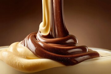 Poster - A mesmerizing close-up of melted chocolate and vanilla flowing together creating a delicious blend of flavors and textures with a smooth, glossy, and creamy appearance.