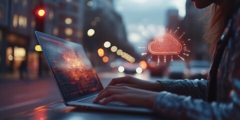 Poster - Woman Typing on Laptop, Cloud Symbol Display Productivity and Focus in Urban Setting at Dusk