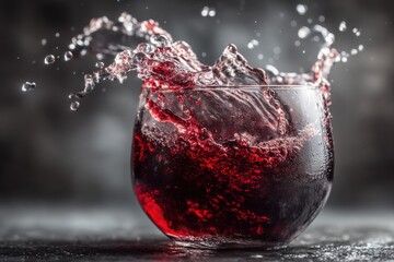 Poster - A dynamic close-up of red wine splashing out of a glass, freezing the action of the liquid in mid-air, against a blurred dark background, revealing detail.