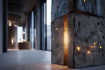 Poster - close-up of a modern interior with stacked stone blocks illuminated by hidden lights, creating a con