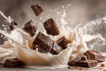Poster - Delicious dark chocolate chunks are splashing into a creamy milk, creating an amazing sweet and rich treat, perfect for dessert and indulgence.