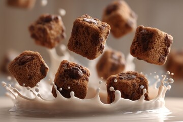 Poster - Delicious brownie cubes dynamically splashing into milk, creating a tempting, visually appealing food photography composition featuring a sweet treat and creamy texture.