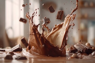 Poster - A dynamic shot of chocolate pieces falling into a creamy chocolate liquid, creating a splash that evokes a sense of indulgence and richness, set in a bright kitchen background.