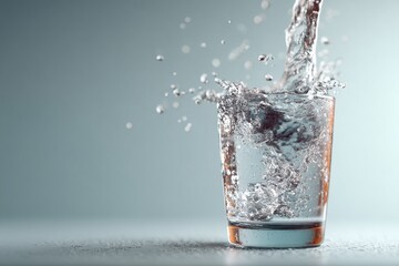 Poster - Close-up view of fresh, cool water pouring into a clear glass, splashing with small droplets and creating a refreshing, hydrating scene with soft light and pale background.
