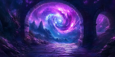 a purple and blue nebula visible through a stone archway in a fantasy landscape with mountains