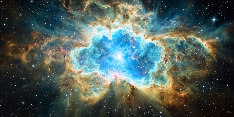 Wall Mural - A vibrant nebula with blue core surrounded by golden clouds and scattered stars in deep space view