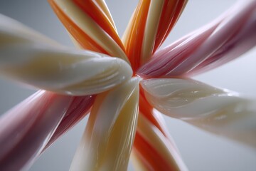 Poster - An artistic macro image of colorful candy canes arranged in a floral pattern, showcasing their vibrant colors and twisted shapes against a soft, neutral background.