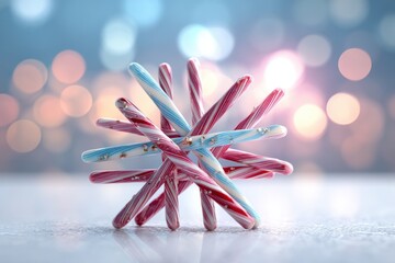 Poster - Festive arrangement of striped candy sticks, a sweet and colorful celebration, perfect for holiday themes and cheerful designs with bokeh background.