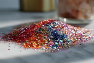 Poster - A glittering pile of multi-colored confetti and sparkles on a marble surface, sparkling brightly in the sunlight, with blurred background decorations.