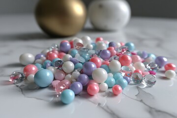 Poster - A delightful arrangement of pastel-colored beads and sparkling crystals on a white marble surface, creating a visually appealing and elegant composition with soft lighting.