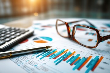 Poster - detailed view of a financial report with graphs, charts, pen, calculator and glasses, illuminated by