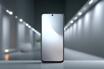 Aufkleber - A sleek smartphone with a blank screen is displayed against a blurred background of a modern hallway with illuminated lighting fixtures, clean and minimalist style.