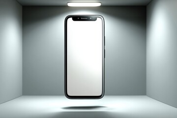 Poster - A modern smartphone with a blank white screen displayed in a minimalist gray room, illuminated by a soft overhead light, showcasing its sleek design and interface.