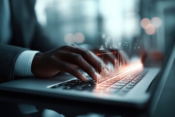 Poster - Close up of a businessman's hands typing on a laptop with data overlayed on the screen, showcasing the connectivity and global reach of modern technology.