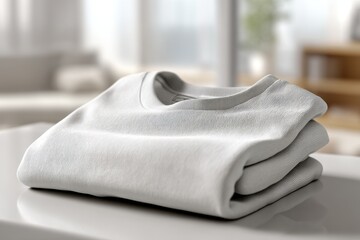 Poster - Folded white t-shirt on a bright surface, showcasing textile detail, soft light, and clean lines against blurred background, promoting simplicity and comfort.