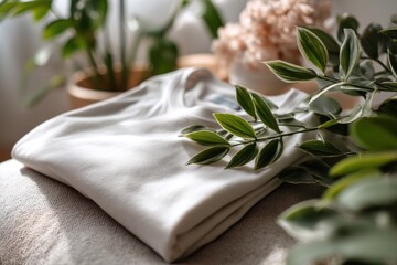 Poster - Folded white T-shirt on a textured surface surrounded by green foliage and potted plants, creating a serene and minimalist composition for lifestyle imagery.