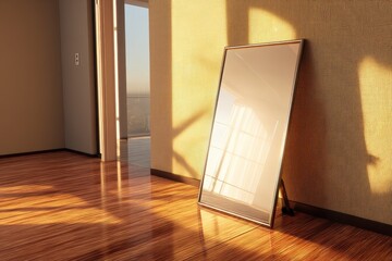 Poster - Golden sunlight streaming into a modern interior room, illuminating a wooden floor and casting shadows on a textured wall, with a mirror reflecting the scene.